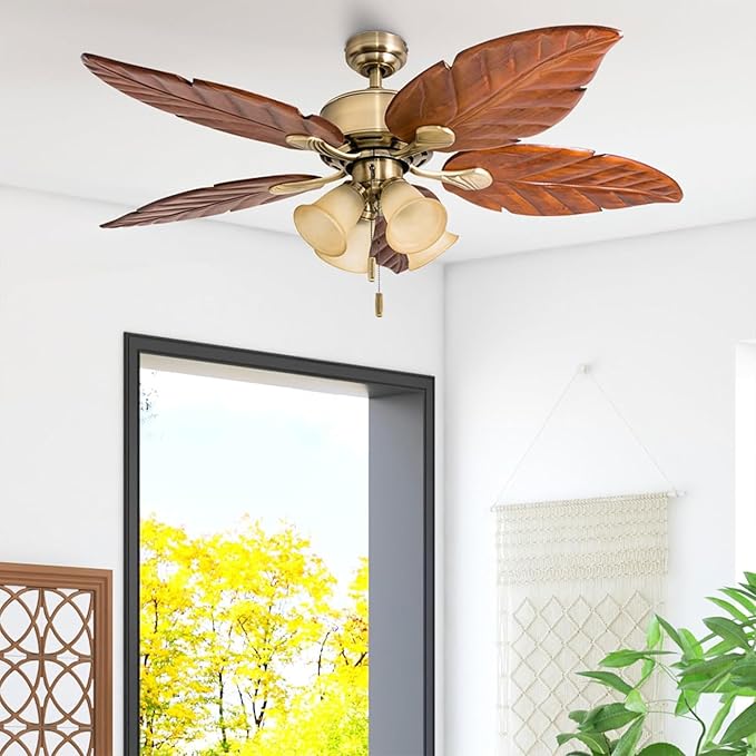 Honeywell Ceiling Fans Royal Palm, 52 Inch Tropical LED Ceiling Fan with Light, Pull Chain, Three Mounting Options, Hand Carved Solid Wood Blades - Model 50504-01 (Aged Brass)