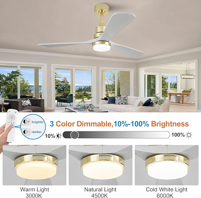 BOJUE 52 Inch Gold Ceiling Fans with Lights and Remote, Dimmable LED Light, Modern Solid Wood Ceiling Fan with Light for Indoor/Outdoor Farmhouse, Bedroom, Patio - Gold Finish and White Blades