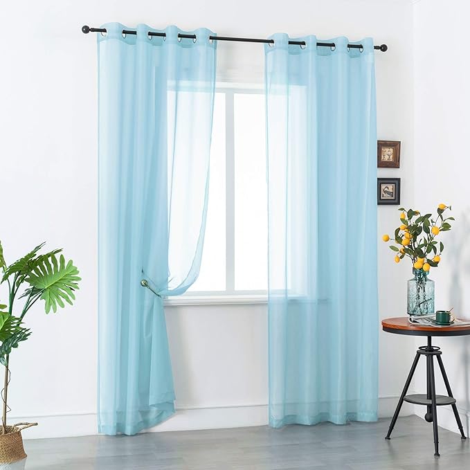 DUALIFE Sky Blue Voile Sheer Curtains Grommet,Look Semi Sheer Natural Light Flow Drapes,Elegant Solid Color Touch Soft Drapes for Living Room Bedroom,Set of 2 Panels 52X108 Inch 9 FT Baby Blue