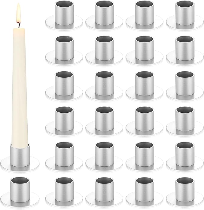 24 Pcs Silver Taper Candle Holders Bulk for Pillar Candles Metal Short Candlestick Holder Silver Centerpieces Decoration for Christmas Thanksgiving Anniversary Dinner Party