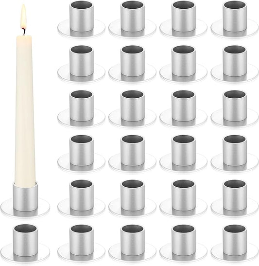 24 Pcs Silver Taper Candle Holders Bulk for Pillar Candles Metal Short Candlestick Holder Silver Centerpieces Decoration for Christmas Thanksgiving Anniversary Dinner Party