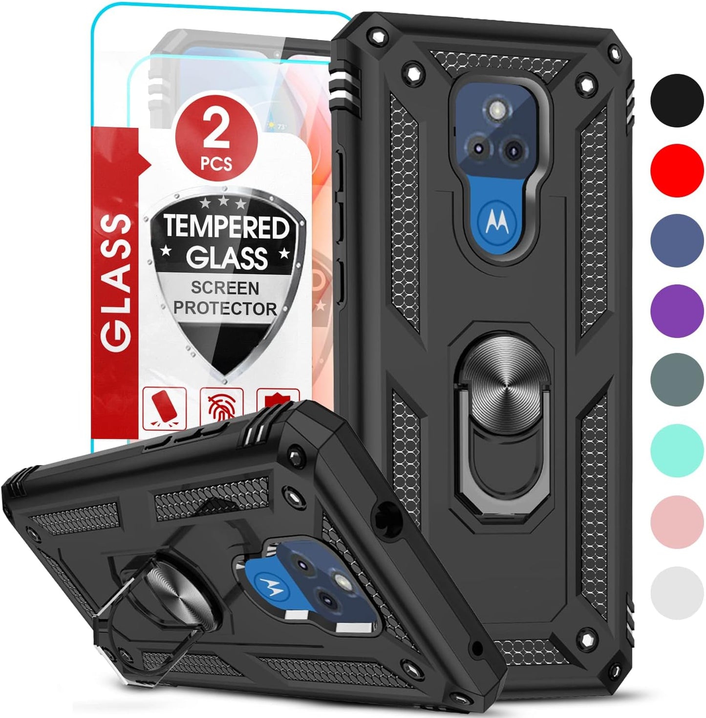 LeYi Moto G Play 2021 Case with 2 Pack Tempered Glass Screen Protector, Military-Grade Protective Cover with Kickstand