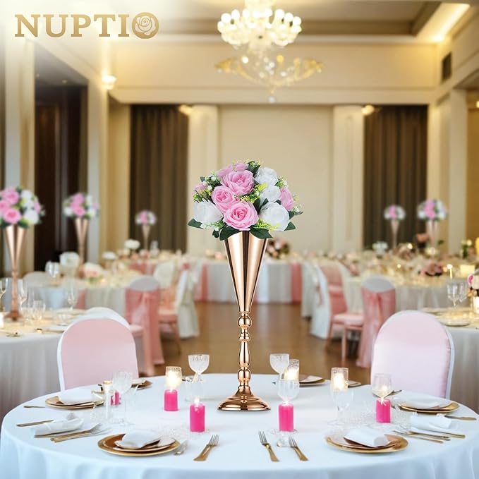 NUPTIO 10 Pieces Pink White Fake Flower Ball Arrangement Bouquet 15 Heads Plastic Roses with Base, Suitable for Wedding Centerpiece Flower Rack for Parties Home Décor