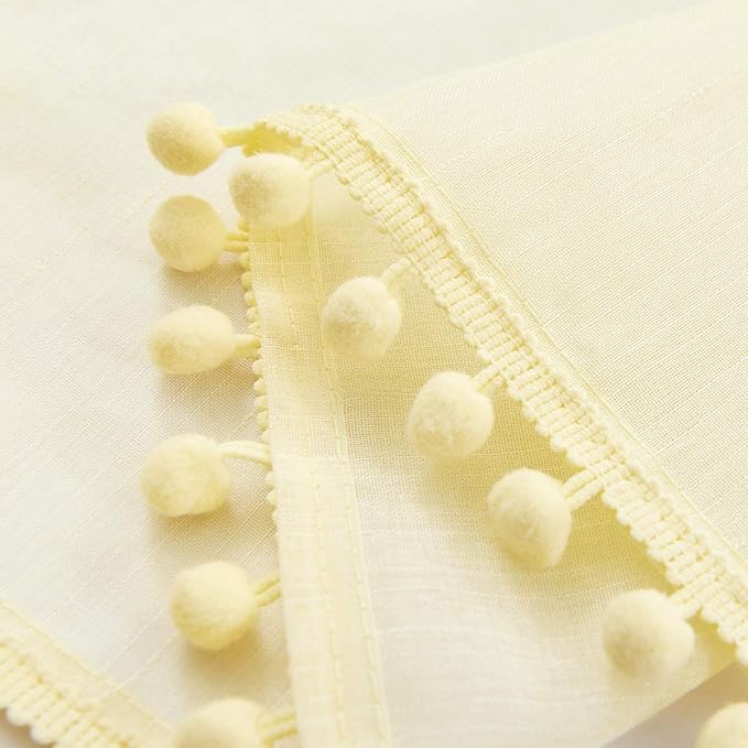 Treatmentex Pompom Sheer Yellow Curtains for Living Room Bedroom Nursery Room 72 inch Long Linen Texture Curtain Drapes for Kids Room 2 Panels Rod Pocket
