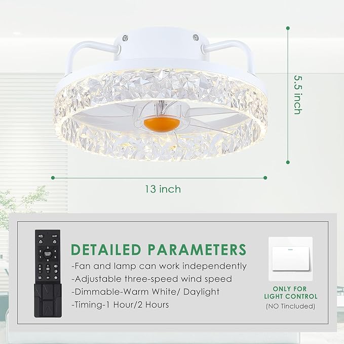 White Ceiling Fans with Lights and Remote - Low Profile Flush Mount Ceiling Fans - 13” Modern Bladeless Enclosed Ceiling Fans with Led Light and Stepless Dimming, White Small Ceiling Fan for Bedroom