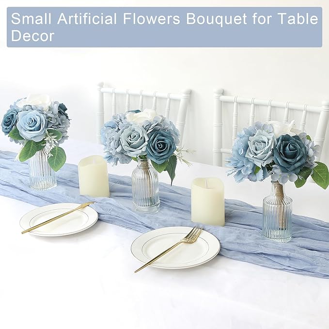 Artificial Bridesmaids Bouquets Set of 4 - 7 inch Silk Rose Bouquets for Bridesmaids, Pre-made Bridesmaid Flowers Small Bouquet for Wedding Vintage Country Bridal Shower Decorations -Dusty Blue