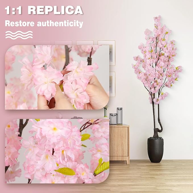 7.2ft Tall Pink Faux Cherry Blossom Tree for Home Decor, Likelike Artificial Silk Flower Cherry Branches Tree Indoor Outdoor, Sakura Tree Realistic Fake Flowering Plant for Living Room Wedding Office