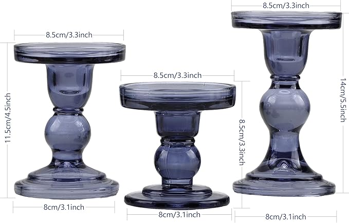 GMWD 3 Pcs Glass Candle Holder Set Clear, Blue Candlesticks Holders Pillar Taper Candles Tealight Stand for Wedding Centerpieces Home Decorations Dining Table