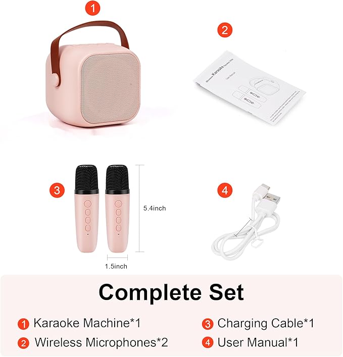 Portable Karaoke Machine with Bluetooth, Party Lights, 2 Wireless Microphones for Adults Kids Karaoke Speaker Birthday Gifts for Girls Boys Family Home Party (Pink 2 Mics)