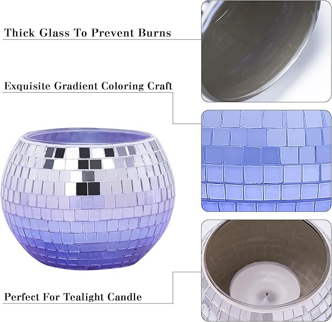 Tealight Candle Holder Set of 6, Grandient Mosaic Candle Holders Stained Glass Votive Candle Holder, Colorful Disco Ball Tealight Holder for Birthday Party, Weding Centerpieces, Home Decor
