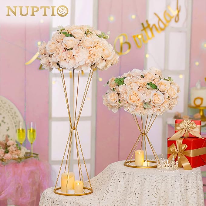 NUPTIO Flower Ball Arrangement Bouquet - 2 Pcs 15.7 inch Diameter Champagne Fake Flowers Roses Balls for Centerpieces Tables - Artificial Rose Arrangements for Wedding Centerpiece Table Decorations