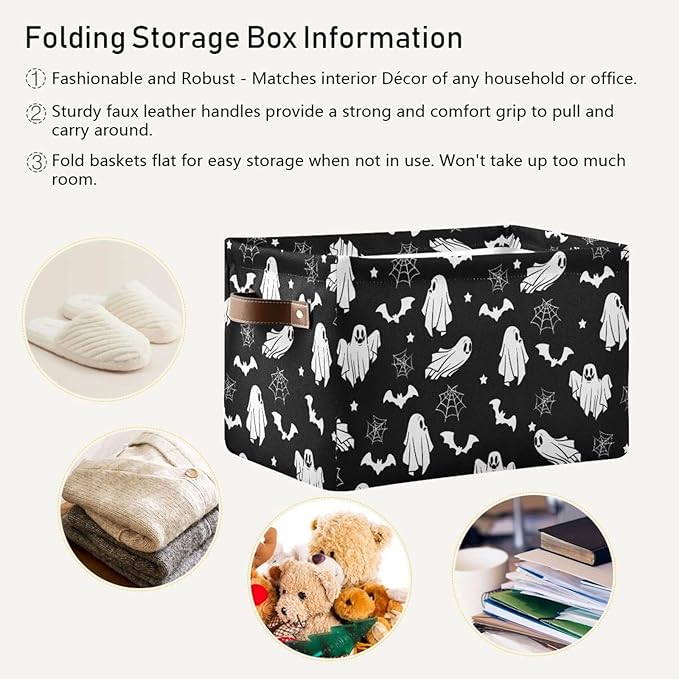 Collapsible Storage Basket Bin Happy Halloween Organizer Cube with Handle, Canvas, Black