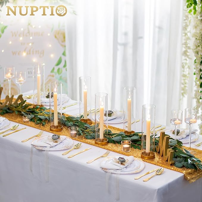 NUPTIO Hurricane Glass Candlestick Holders: 10 Set Bulk Gold Taper Candle Holder Metal Candle Stick Stand with 11.81 inch Tall Windproof Clear Seelves for Outdoor & Indoor Wedding Party Holiday Decor