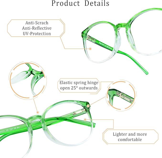 LifeArt Round Blue Light Blocking Glasses, Computer Glasses, Gaming Glasses, TV Glasses for Women Men (Clear Green, 2.50 Magnification)