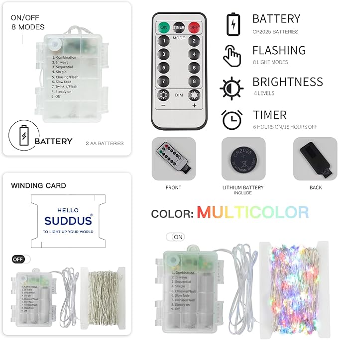 suddus 33ft 100 LED Outdoor String Lights, Multi Color Fairy Lights Battery Operated with Remote, Led Twinkle Lights for Bedroom, Backyard, Wedding, Tree, Mason Jar, Wall, Centerpiece, Christmas