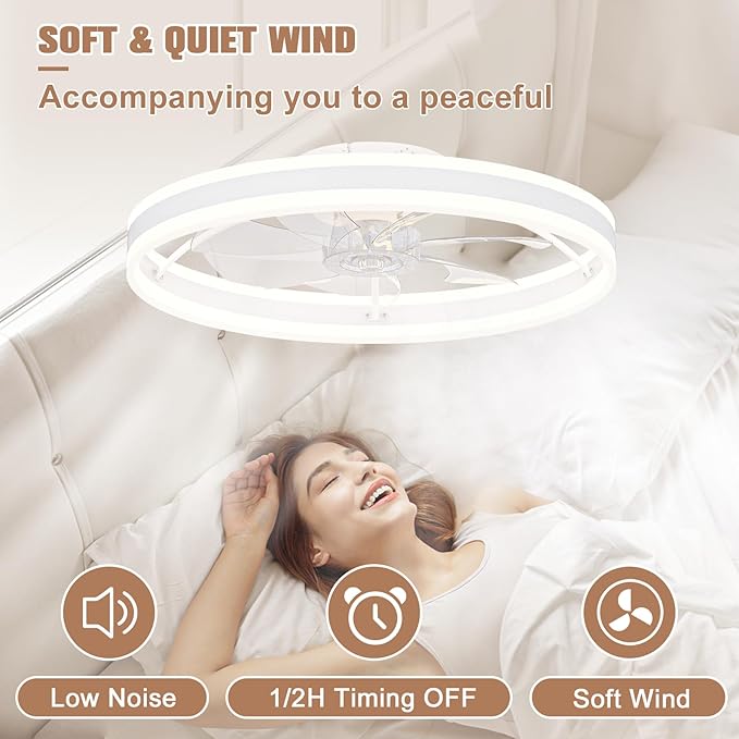 VOLISUN Low Profile Ceiling Fans with Lights and Remote, 23.6in Flush Mount Ceiling Fans with Light, 3000K-6500K Dimmable Fandelier LED Fan Light, White Bladeless Ceiling Fans with Lights for Bedroom