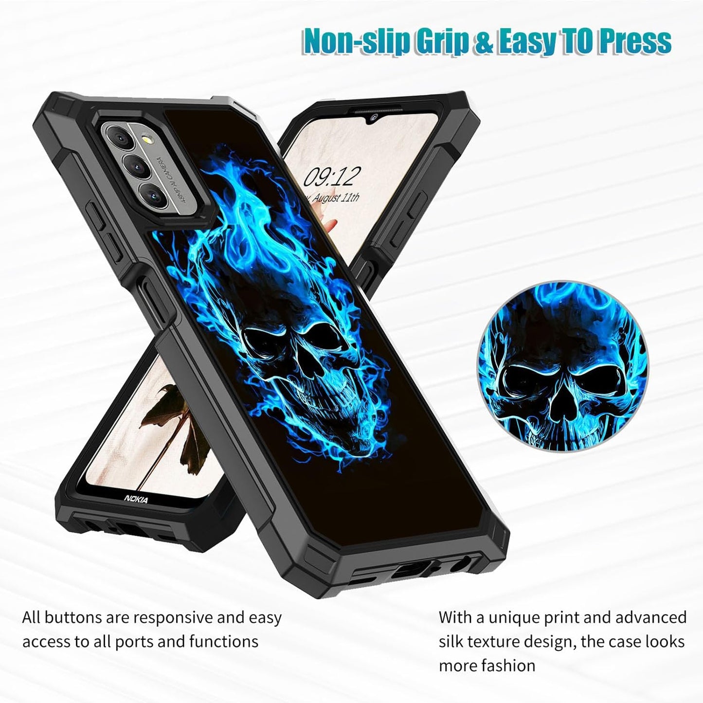 Nokia G310 Case with Glass Screen Protector, 360 Full-Body Shockproof Hard PC & Soft TPU Bumper - Blue Skull 5G 2023.