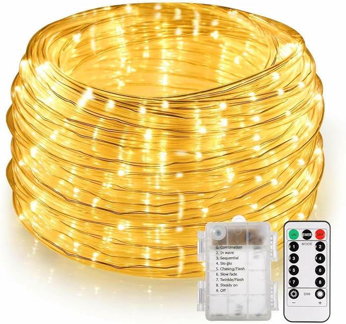 LED Rope Lights Battery Operated String Lights-40Ft 120 LEDs 8 Modes Outdoor Waterproof Fairy Lights Dimmable/Timer with Remote for Camping Party Garden Holiday Decoration(Warm 1 Pack)