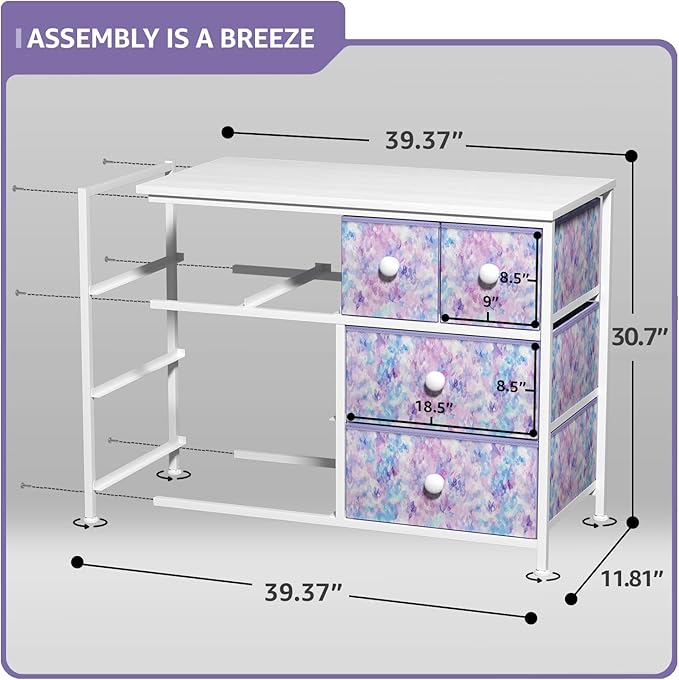 Sorbus Fabric Dresser for Kids Bedroom - Chest of 8 Drawers, Storage Tower, Clothing Organizer, for Closet, for Playroom, for Nursery, Steel Frame, Fabric Bins - Knob Handle (Tie-dye Purple)