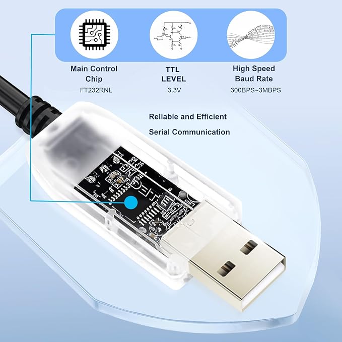 DTECH USB to TTL Adapter FTDI Chip 3.3V 6 Pin USB to UART Debug Cable FT232RNL IC Serial Converter 3ft LED Indicators Output 3.3 Volt for Windows 11 10 8 7 XP MAC Linux Easy Debugging and Programming