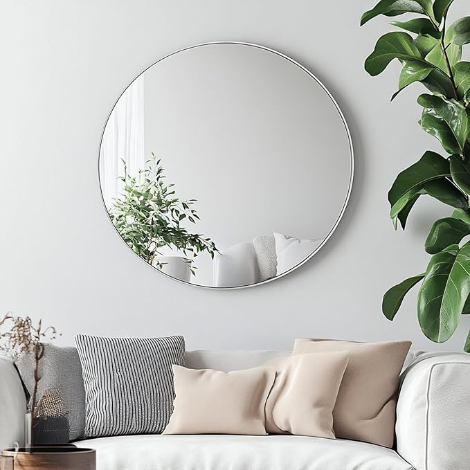 Silver Round Mirror, Silver Round Mirror 24 inch, Circle Bathroom Mirrors Metal Frame, Circle Mirrors for Wall, Over Sink, Bathroom, Living Room, Vanity.