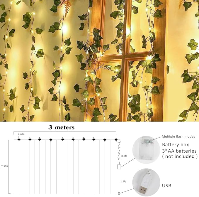 RECUTMS 118 Inches Plant Garland Hanging Vines with Lights LED Strings Artificial Ivy Fake Greenery Leaf Plants Faux Silk Green Leaves Plastic Flower for Party Room Patio Wall Bedroom Outdoor Decor