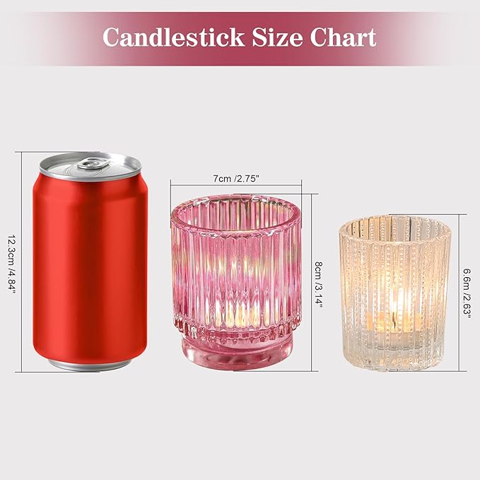 Vintage Ribbed Pink Glass Tealight & Votive Candle Holders (Set of 12) - Wedding, Bridal Shower Party Table Decor, Fall, Boho, Shelf Decoration