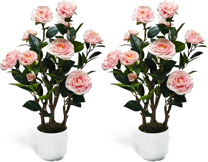 2Pack Artificial Camellia Tree, 2FT Faux Camellia Plant in Pot with Pink Flowers for Spring Home Front Door Outdoor Indoor Decoration,Pink