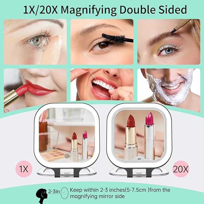 FASCINATE 20X Magnification Rechargeable Travel Makeup Mirror, Lighted Portable Vanity Mirror with 3 Colors Lighting & Stepless Dimming, Double Sided LED Mirror, Gift for Women (White+Bag)