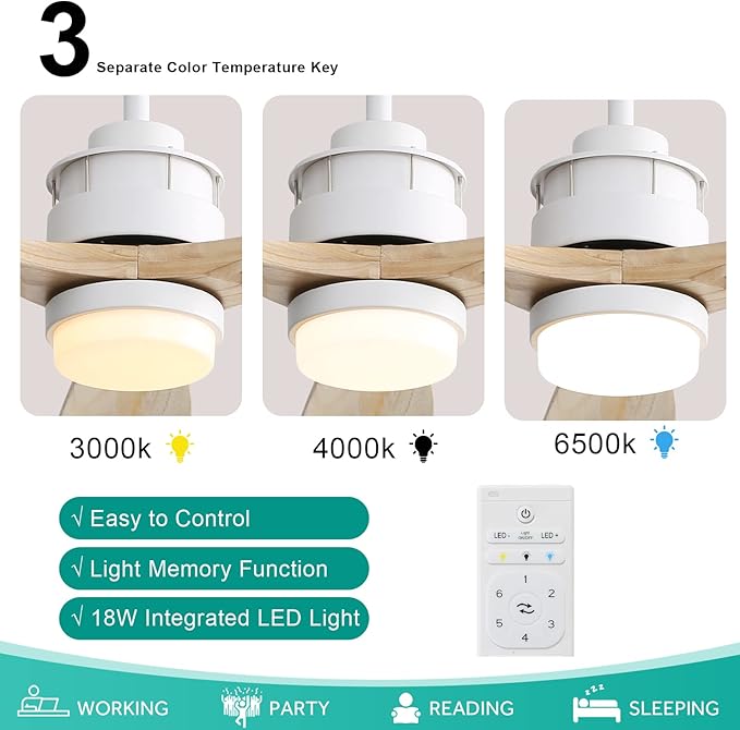 Sofucor Ceiling Fan with Lights, 60 Inch Large Mordern Wood Ceiling Fan with Remote for Indoor Farmhouse Bedroom Living Room Outdoor Patio Porch, Reversible DC Motor, Noiseless