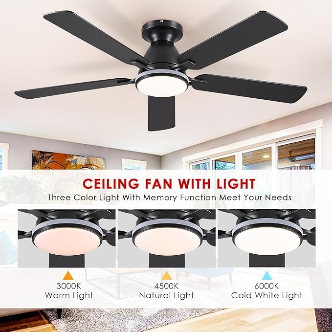 Ceiling Fans with Lights- 52" RGB Low Profile Indoor Ceiling Fan with Light and Remote/APP Control, Flush Mount, LED Dimmable DC Reversible Modern Ceiling Fan for Bedroom（Black）