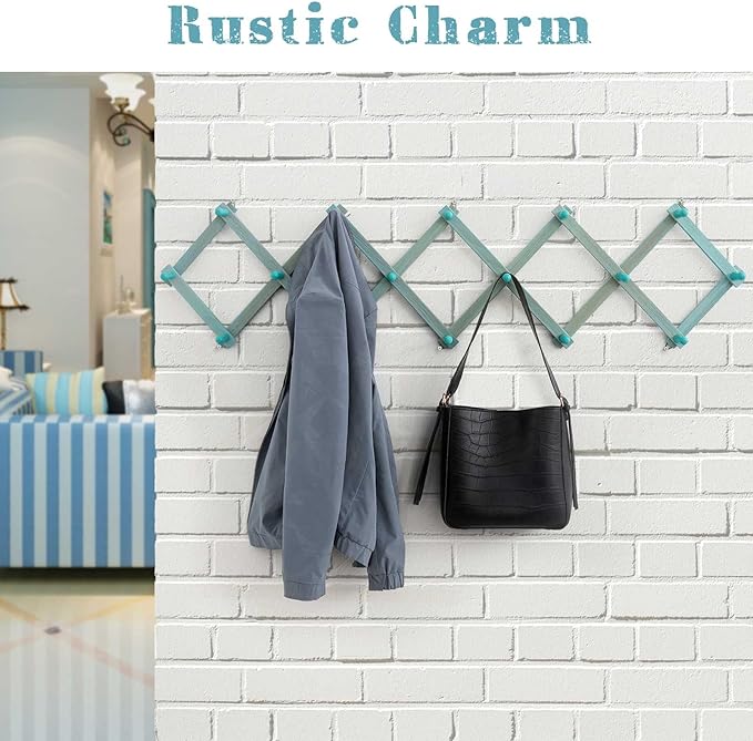 Beachy Coastal Wall Rack with 16 Hanging Hooks, Beach Decorations for Home, Nautical Style Wall Mounted Wood Coat Rack(Rustic Blue)