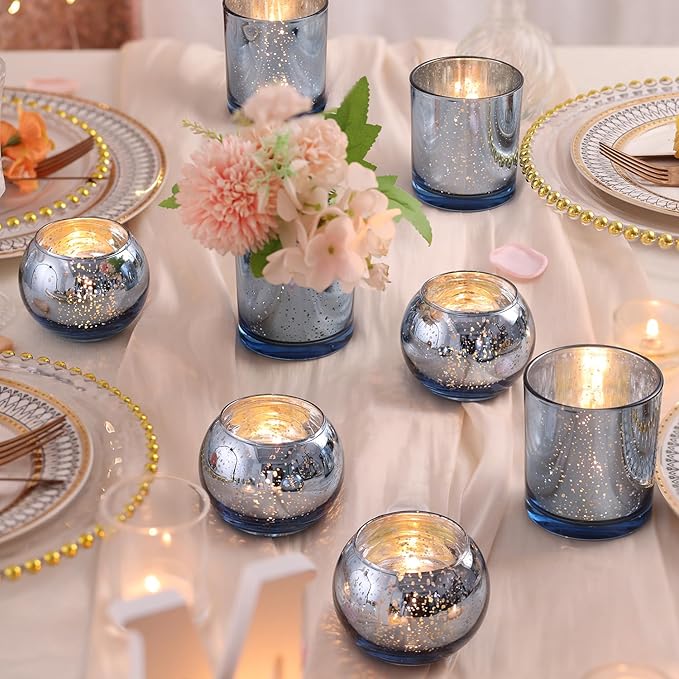10 Pcs Assorted Blue Votive Candle Holders, Larger Size Mercury Glass Candle Holder, Blue Tea Light Candle Holders for Wedding Decorations, Centerpieces for Tables, Baby Shower