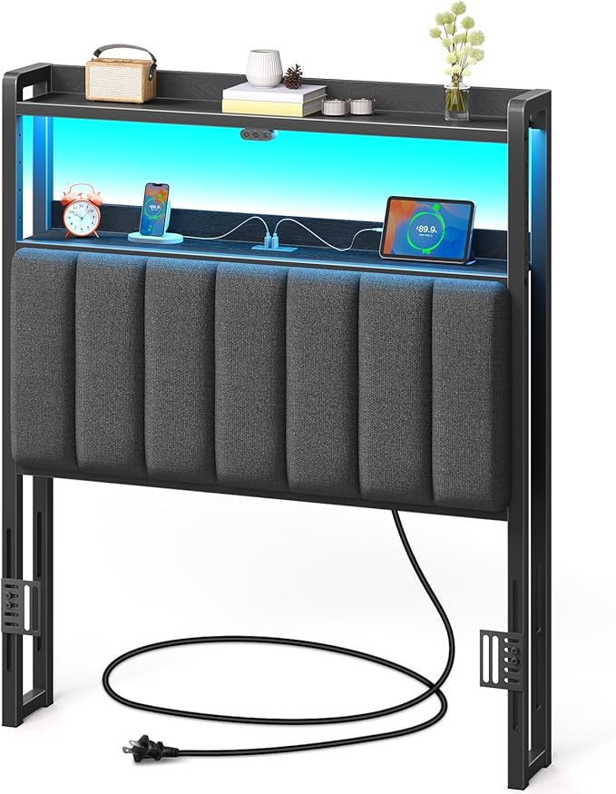 Rolanstar Headboard for Twin Size Bed with Storage, 60,000 DIY Color of LED Light, Head Board with USB & Type C Port, Height Adjustable, Black Upholstered Cabeceras de Cama Comfortable Modern, Linen