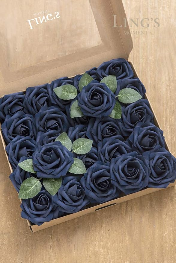 Ling's moment Artificial Flowers 50Pcs Navy Blue Roses Decor w/Stems,3" Real Touch DIY Foam Floral for Wedding Bouquet/Centerpieces, Outdoors Party Backdrop, Room/Table, and Garden/Pot Decorations