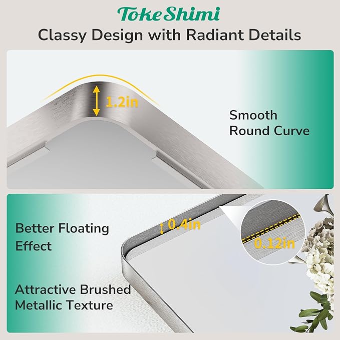 TokeShimi 48x30 Wall Mirror for Bathroom,Brushed Nickel Bathroom Vanity Mirror Modern,Tempered Glass,Large Bathroom Mirror Rectangle,Metal Framed Bathroom Mirror(Horizontal/Vertical)