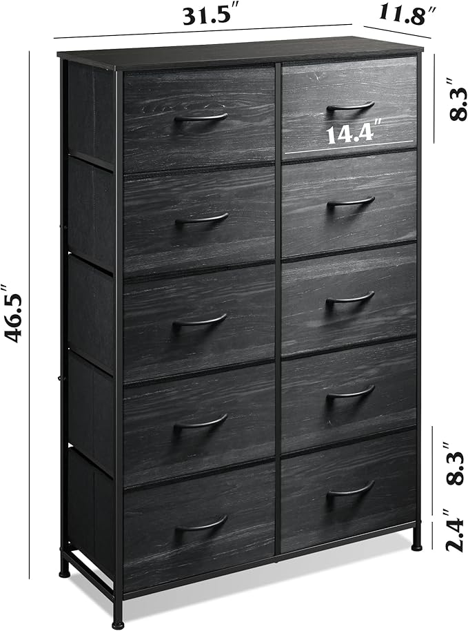 WLIVE Black Tall Dresser for Bedroom with 10 Drawers, Chest of Drawers, Dressers Bedroom Furniture, Storage Organizer Unit with Fabric Bins for Closet, Hallway, Living Room