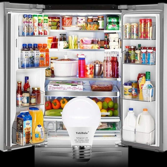 YukiHalu LED Refrigerator Light Bulb 60W Equivalent A15 Appliance Fridge Bulbs, Waterproof 600 Lumen 7W 120V Daylight 5000K E26 Medium Base, Small Size Bulb for Damp Location, Not-Dim, 2-Pack