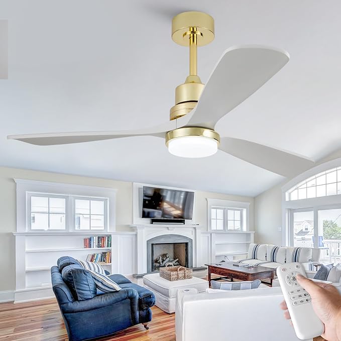 BOJUE 52 Inch Gold Ceiling Fans with Lights and Remote, Dimmable LED Light, Modern Solid Wood Ceiling Fan with Light for Indoor/Outdoor Farmhouse, Bedroom, Patio - Gold Finish and White Blades