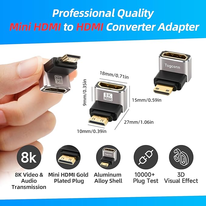 90 Degree Mini HDMI to HDMI Adapter 4 Pack, (Up and Down) Right Angle Mini HDMI (Male) to HDMI (Female) L-Shaped Converter Connector Support 8K@60Hz,4K@120Hz for Raspberry Pi Zero, Camera, Monitor