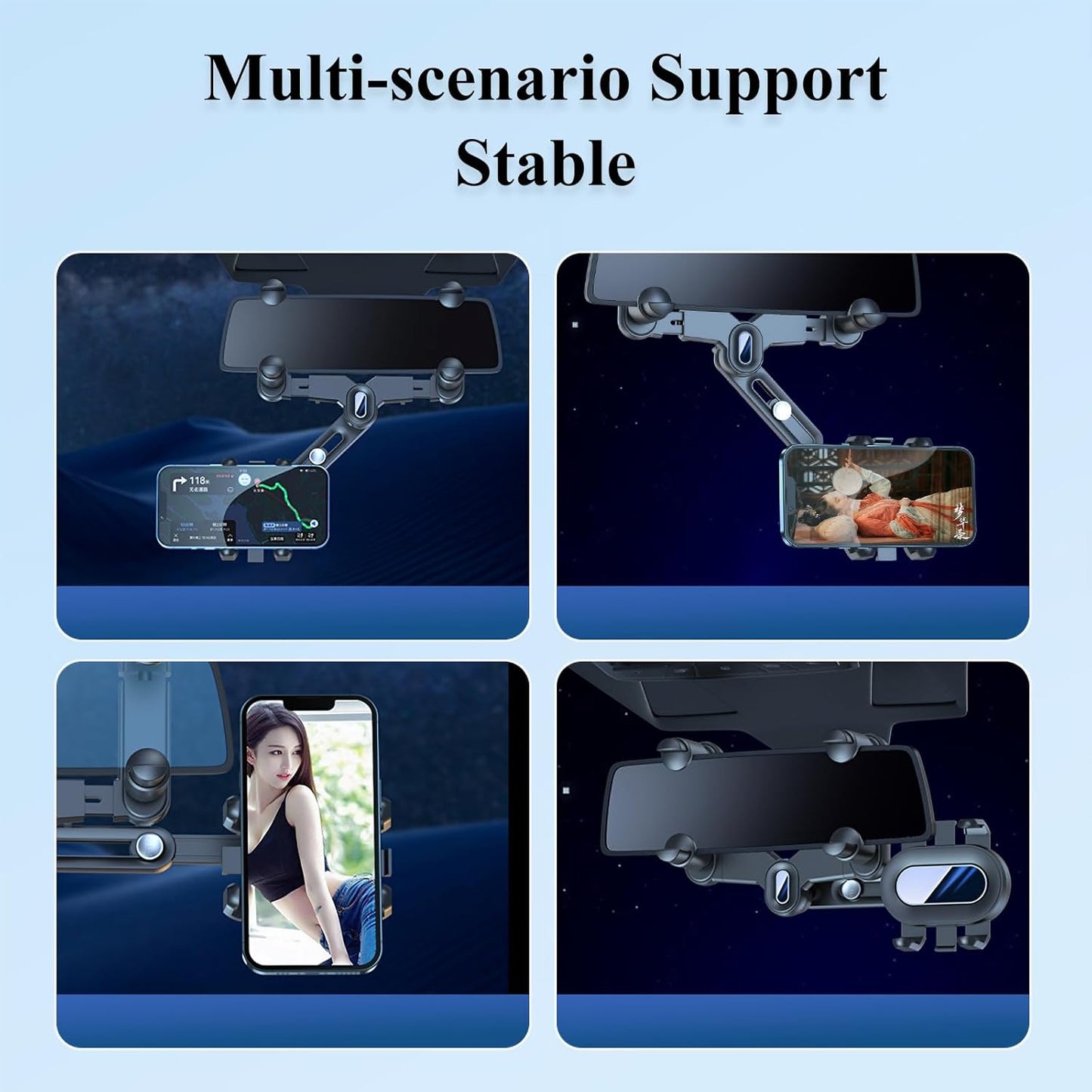 Rear View Mirror Phone Holder - Rotatable and Retractable Mount for iPhone Google Samsung 4-7IN Cell Phones