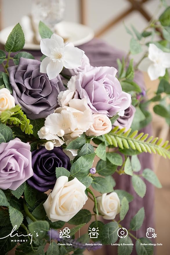 Ling's moment 2PCS Artificial Floral Swags Centerpieces Wedding Flower Purple Rose Garland Greenery Arrangements for Sweetheart Head Table Decor Car Wall Window Arch Garden Decor Lilac & Gold