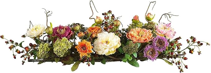 Nearly Natural 4665 Mixed Mini Peony Centerpiece Silk Flower Arrangement,10"D x 34"W x 6.5"H