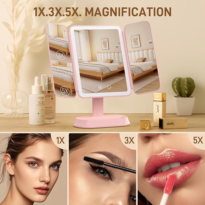 Rechargeable Trifold Makeup Mirror with Lights, 1X/3X/5X Magnification, Cordless 3-Color LED Vanity Mirror for Travel & Desk, Up to 20H Use, Ideal Gift for Women & Teens - Pink