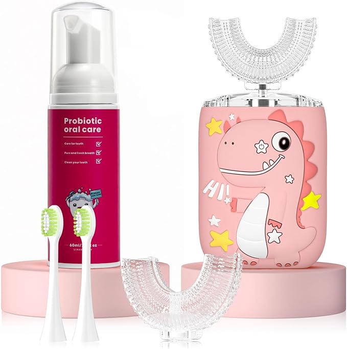 Kids Electric U Shaped Toothbrush,Kids Sonic Full Mouth Toothbrush with 4 Soft Brush Head Automatic Rechargeable 6 Cleaning Modes IPX7 Waterproof 360 Degree Cleaning - Age8-15 Pink