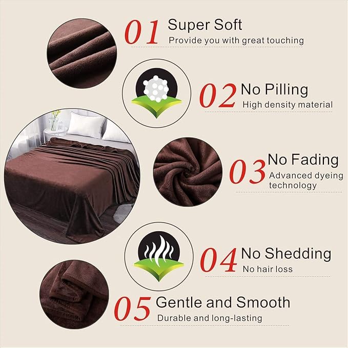 Richave Fleece Blanket King Size 350GSM Lightweight Throw for The Bed Warm Sofa Blanket 90" x 108"(Brown King)