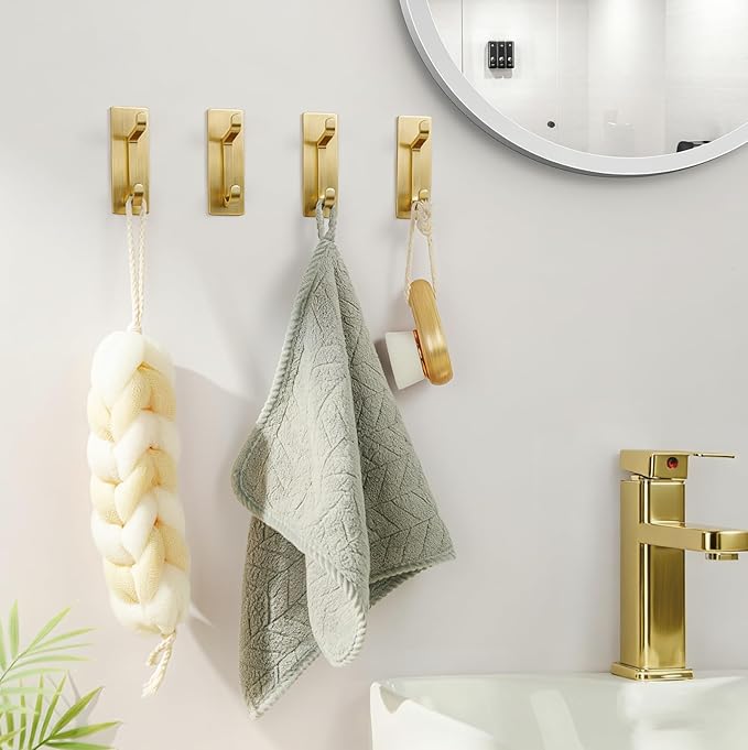 pickpiff Self Adhesive Hooks, Extra Sticky 10LB (Max), Heavy Duty Stainless, Stick On Wall and Door Hooks for Hanging, Bathroom Towel Hooks and Coat Hooks, Robe Hook Wall Mounted, Gold, 4 Pack