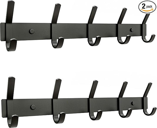 Matte Black Coat Rack Wall Mount – 15 Inch Stainless Steel Hook Rail with 5 Double Coat Hooks – Wall Mounted Entryway Organizer for Coats, Hats, Bags, Towels, Robes, Closet or Bathroom - 2 Pack
