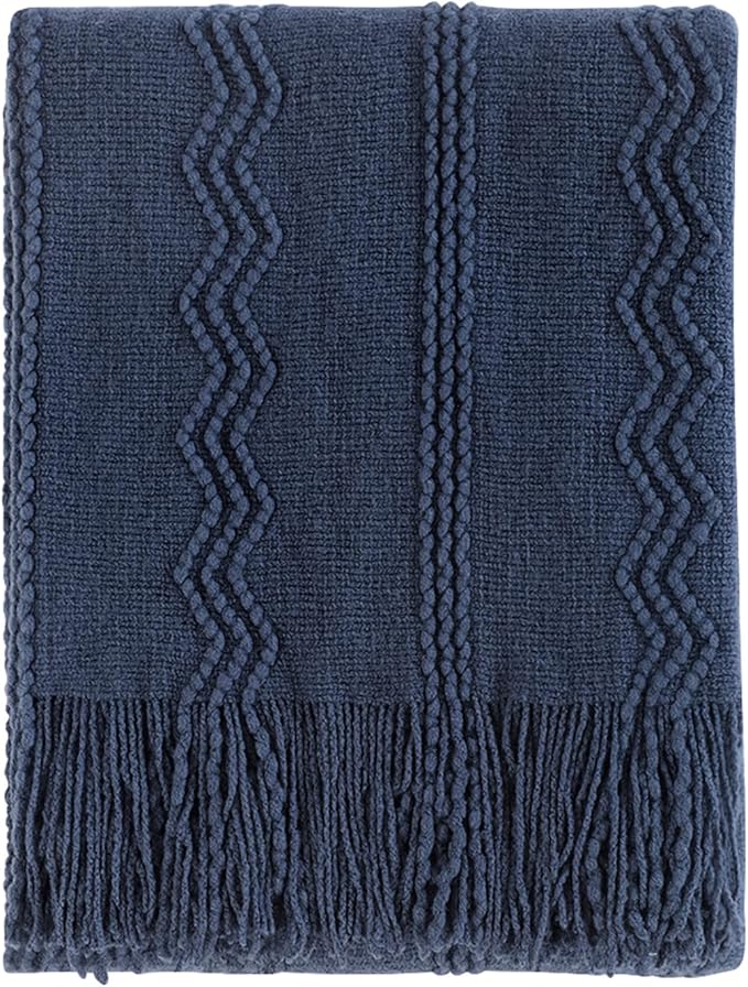 BOURINA Navy Throw Blanket 50x60 Inches Throw Textured Solid Soft Sofa Throw Couch Cover Knitted Decorative Blanket