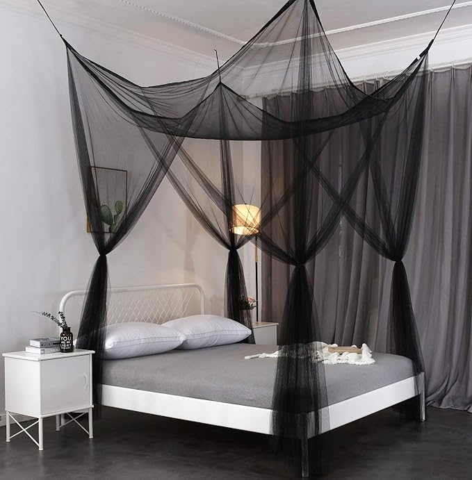 OctoRose Four Post Mosquito Net for Bed Canopy -Fits Queen, King, California King Beds-Indoor & Outdoor Use- Black